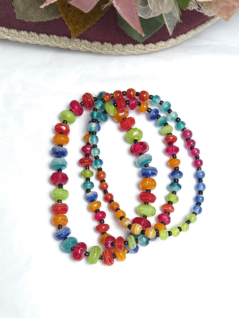 3 Vintage Glass Beaded Rainbow Colorful Stretch Bracelets